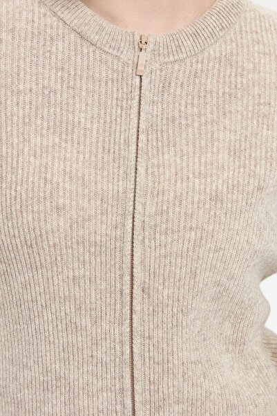 Desen Triko V.Beige Women's Wool Cardigan - Zero Collar, Seamless, Zip-Up