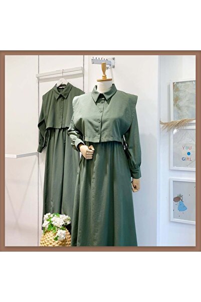 Faya Boutique فستان تشاليكو مزدوج باللون الأخضر الصنوبر