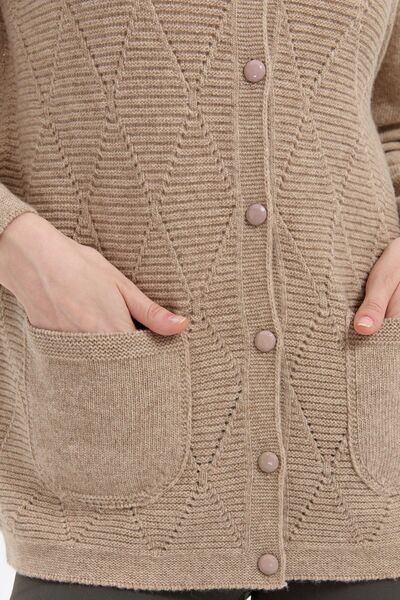Desen Triko Beige Women's Wool Cardigan - Zero Collar and Front Diamond Seamless Knit