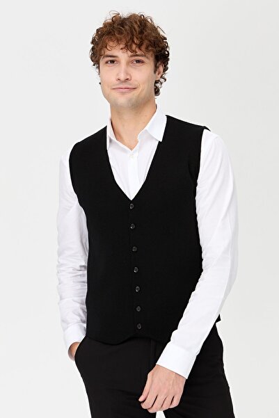 Desen Triko Чоловічий V-подібний комір Тонкий трикотажний жилет Чорний