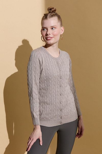 Desen Triko Cardigan pentru femei de culoare nurcă - decolteu, fără cusături și împletitură de păr