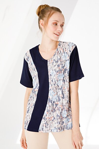 Desen Triko Women's V-Neck Short Sleeve Floral Printed Combed Cotton Blouse Navy Blue