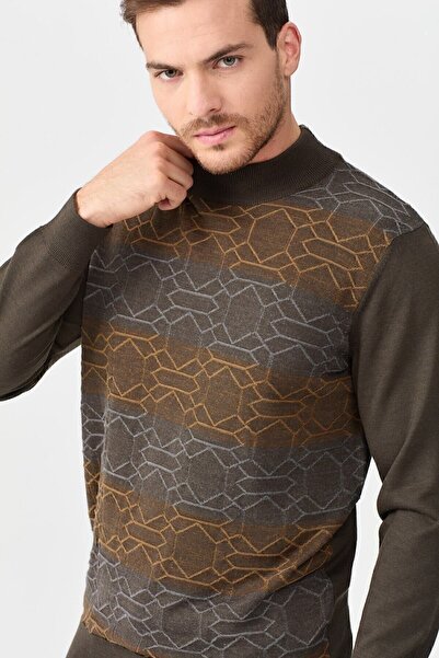 Desen Triko Ανδρικό πουλόβερ με μισό ζιβάγκο με μοτίβο μπροστά Μαύρο καφέ