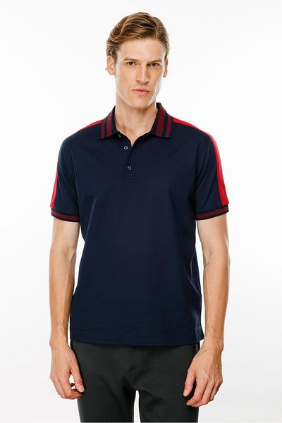 Desen Triko Ανδρικό μπλουζάκι Navy Blue - Polo λαιμόκοψη και ρίγες ώμου
