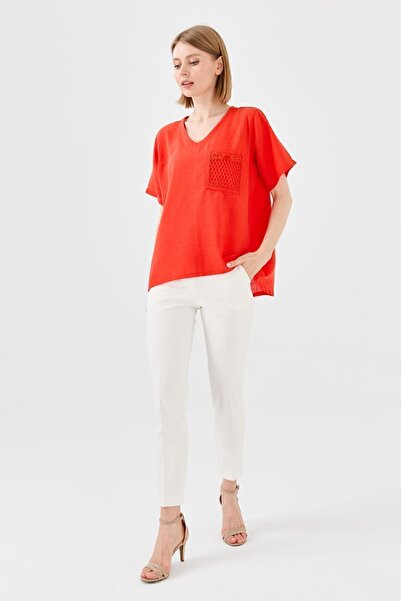 Desen Triko Women's V-Neck Pocket Mesh Linen T-shirt Orange