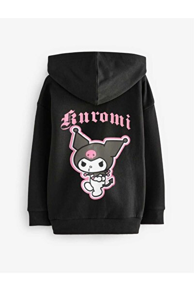 Genel Markalar Kuromi Baskılı Siyah Fermuarlı Kapüşonlu Sweatshirt Hırka
