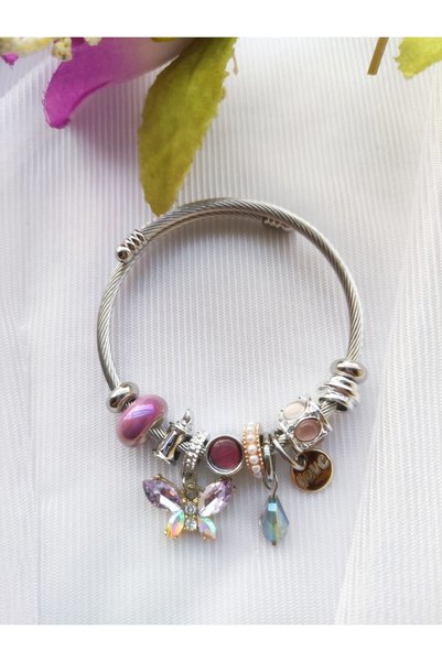 r rojinins Steel Women's Charm Bracelet with Crystal Stone and Butterfly Figure