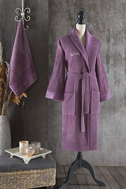 Pierre Cardin Damask Jacquard Women's Bathrobe Set Plum
