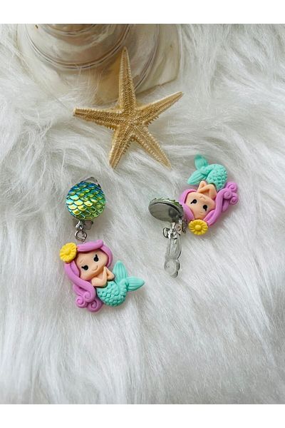 1PARÇAMAVİ Mermaid Mermarid Clip Non-Perforated Compression Children's Earrings
