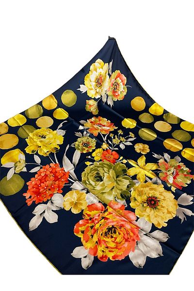 PİRAMİT Pyramid Patterned 90cm X 90cm Floral Scarf - Navy Blue/Yellow Es-06
