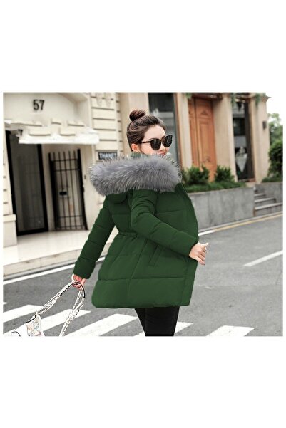 Mothermood Günlük Kürklü Yaka Uzun Kadın Şişme Mont