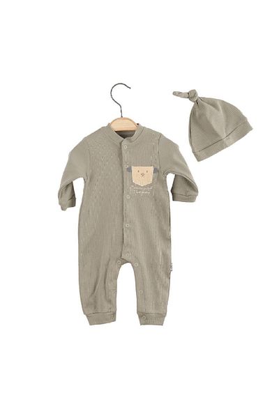 Bebelop Interlock Teddy Bear Embroidered Unisex Baby Girl and Boy Jumpsuit with Hat