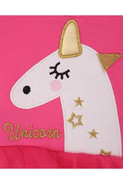 Bebelop Kız Bebek Unicorn Baskılı Kapüşonlu Penye Tüllü Elbise