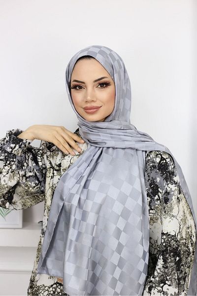 Trablus Checkerboard Patterned Hijab Women's Silky Jacquard Shawl