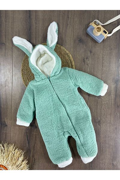 bebicix Double Layer Wellsoft Furry Rabbit Ear Unisex Winter Baby Jumpsuit