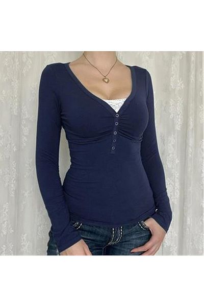 Köstebek Navy Blue Crop - Long Sleeve with Button and Lace Detail