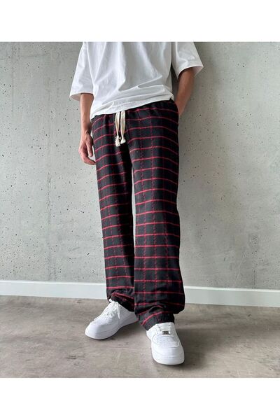 RE7EDİ Black Red Striped Unisex Plaid Patterned Pajama Bottoms