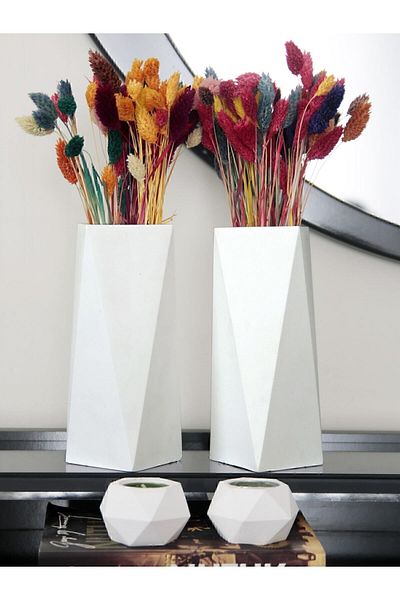 stonnish 20 cm Geometric Tall Vase and Tealight Candle Holder Set - 4 Pieces Raw White