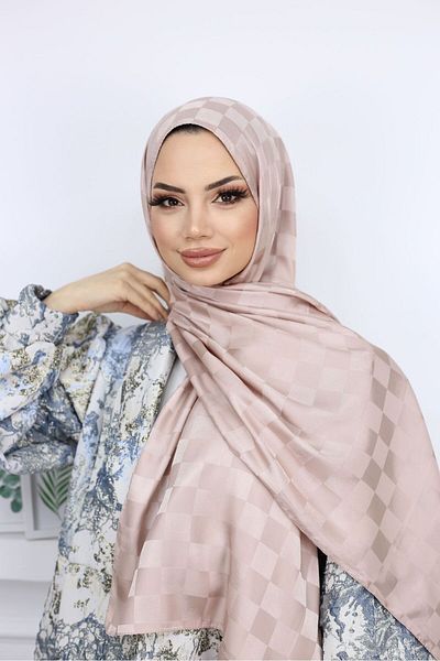 Trablus Checkerboard Patterned Hijab Women's Silky Jacquard Shawl