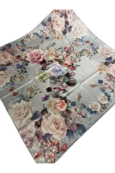 PİRAMİT Gray Floral Patterned Pyramid Printed 90cm Scarf - Es-38
