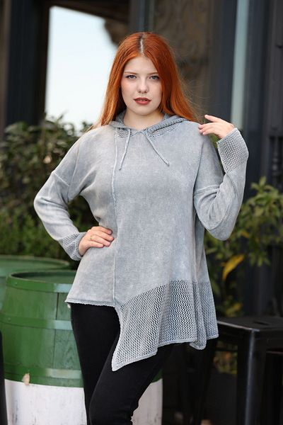 AYASOFYA OTANTIK Gray Asymmetrical Antique Loose Cotton Hooded Knitwear Tunik