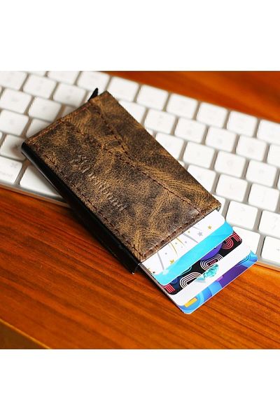 Deribond Crazy Leather Men's Card Holder with Automatic Mechanism