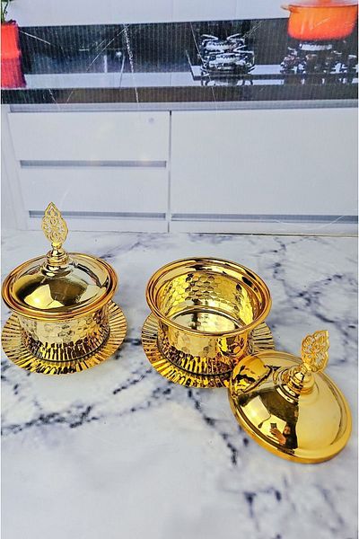 BRE HOME 1 Piece Hürrem Round Gold Gold Color Covered Embroidered Metal 14 Cm Sugar Bowl, Turkish Delight Bowl, Spice Bowl