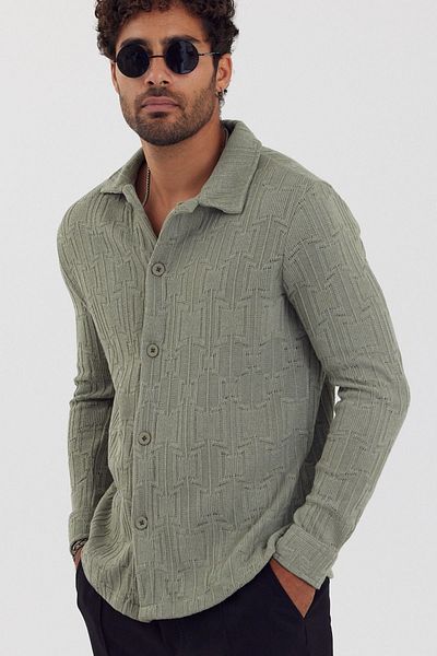 MADZEYMODA Ανδρικό πλεκτό πουκάμισο με πράσινο σχέδιο μέντας - Νέα σεζόν Mz19716
