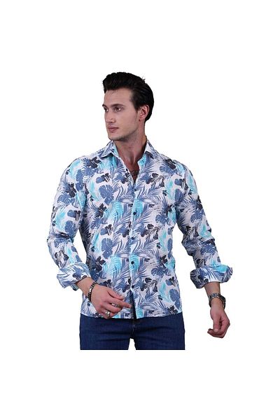 Exve Exclusive Navy Blue Turquoise Hawaii Leaf Printed Cotton Linen Slim Fit Men's Shirt on White