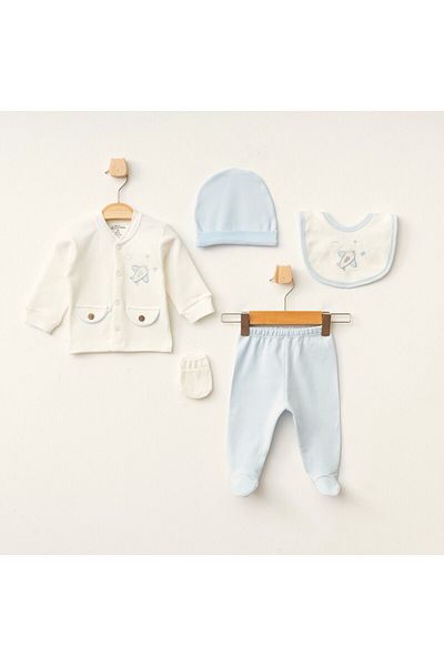 Aziz Bebe Airplane Patterned 5-Piece Baby Hospital Discharge Bodysuit Set