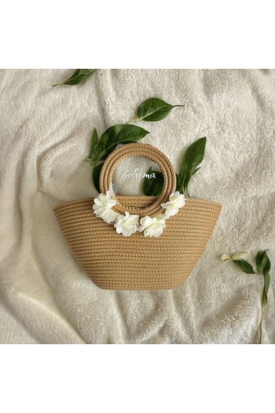 Bohemahomedecor Τσάντα από ψάθινο βαμβακερό λουλούδι