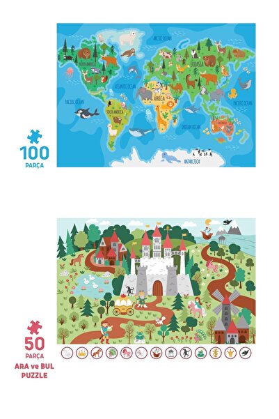 Neverland 2'li Çocuk Yapboz - 100 Parça Hayvan Dünya Haritası Ve 50 Parça Sihirli Tek Boynuzlu At