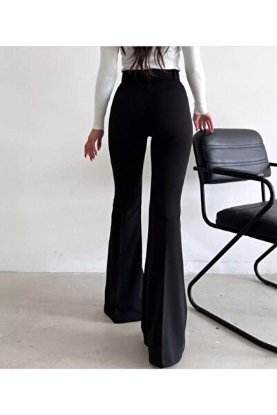 BERNEO Kadın Kemerli İspanyol Paça Siyah Pantolon