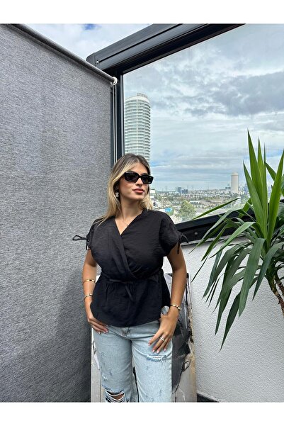 Kübra Tekstil Μαύρη μπλούζα με γιακά με δέσιμο στον ώμο Kt02091