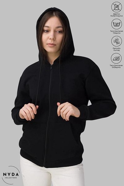 Nyda Collections Унисекс черен оувърсайз кардиган - джоб, цип, 3 нишки, зимен памучен щампован муай тай