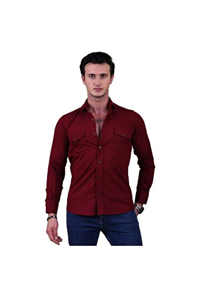 Exve Exclusive Burgundy Single Color Cotton Lycra Double Pocket Flap Slim Fit Western Shirt