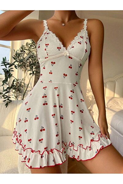 BELLA NOTTE Romantik Beyaz Kiraz Baskılı Askılı Tanga Ve Gecelik