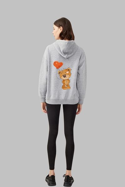 Nyda Collections Унисекс сив памучен кардиган с цип, джобове, щампа на плюшено мече, повдигнат зимен кардиган от 3 нишки