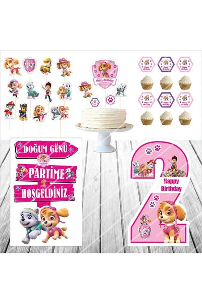 SİYAH PARTİ EVİ Paw Patrol Skye Table and Cake Decoration Set for 2 Years Old...