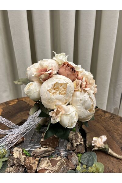 Pika Krem Kahve Şakayık Gelin Çiçeği Gelin Buketi - Damat Yaka Çiçeği - Gelin...