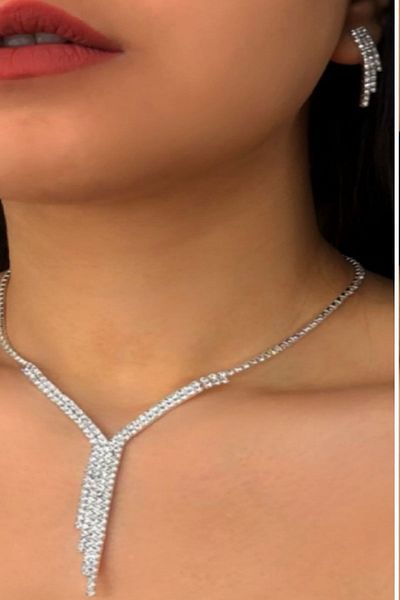 BB wikiki Waterway Crystal Stone Evening Dress Bridal Stepped Model Earring Necklace Set