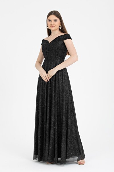 meksila Kadın Kayık Yakalı Straptes Uzun Kloş Simli Abiye Elbise Davet / 4089 Siyah