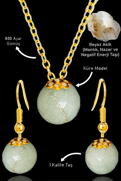 Erilsa Gold Colored Globe Model White Agate Stone Necklace and Silver Apparatus Earring Set