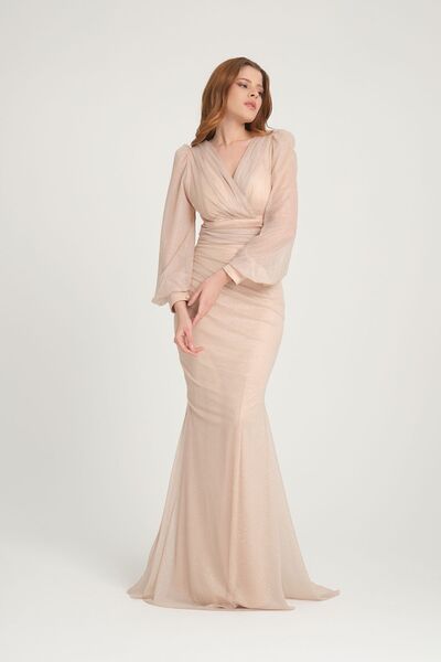 meksila kadın kruvaze yakalı uzun kollu balık form korsajlı manşet detaylı simli düğün davet nişan abiye