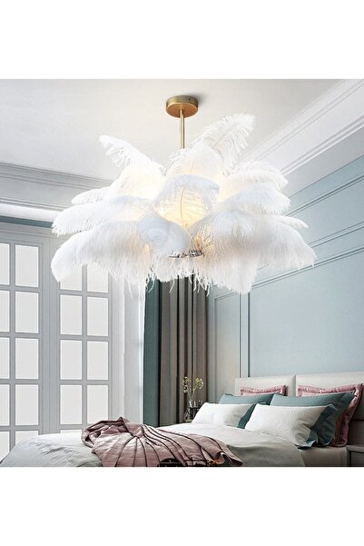 HALKEDON DESIGN Beyaz Deve Kuşu Tüyü Avize