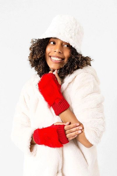 Luminos Butik Women's Furry Plush Red Wool Cutout Gloves Eld30