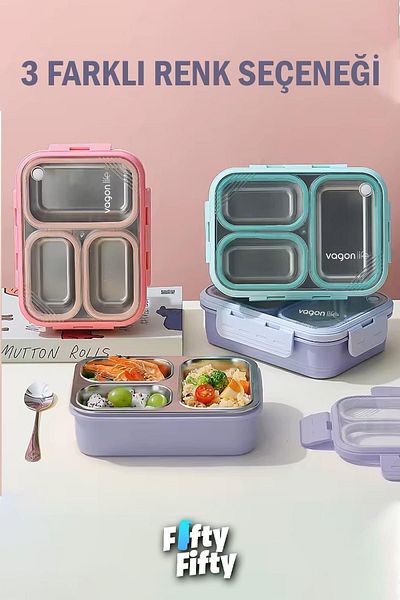 Vagonlife 620 ML Single Layer - Three Compartment New Generation Lunch Box with Metal Spoon - FFLBOX7097