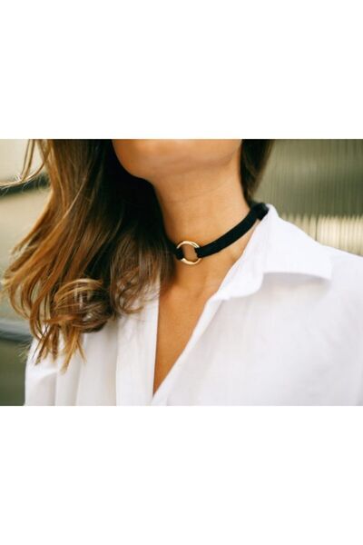 Nishstyle Altın Renk Mini Halka Detaylı Siyah Kadife Choker Kolye
