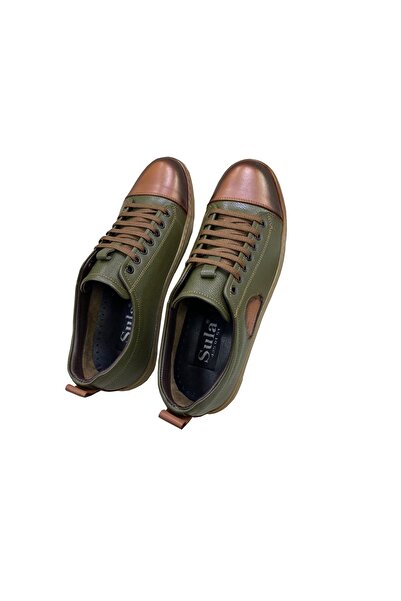 SULA MEN'S LACE-UP LEATHER TAN-GREEN CASUAL SHOES