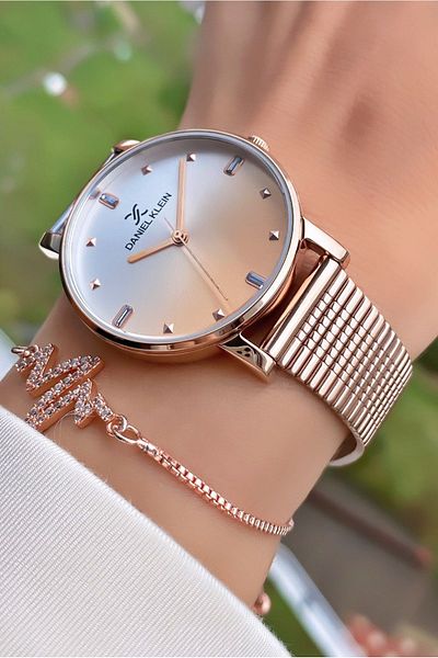 Daniel Klein Rose Brand Silver Women's Wristwatch and Bracelet Gift